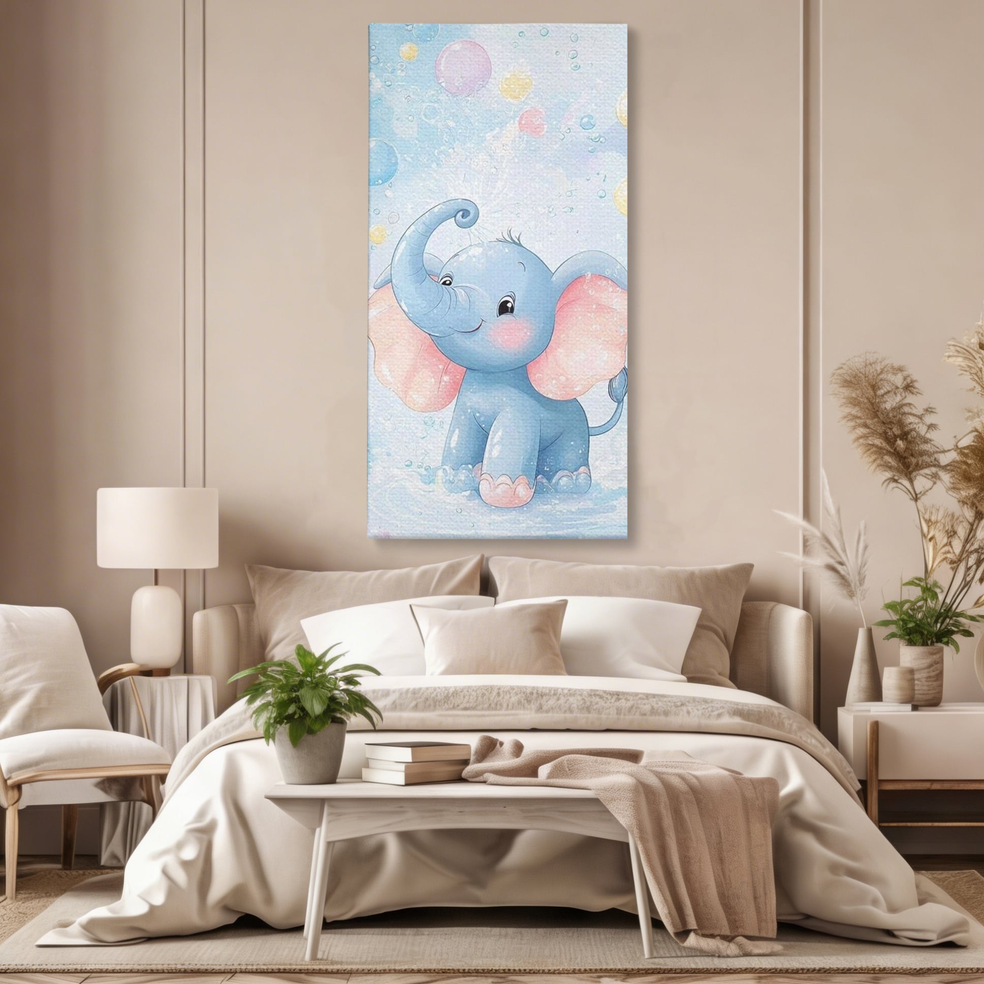 Tablou canvas cu tablou canvas cu elefantelet albastru, fara rama, pe sasiu de lemn, pe perete intr-un dormitor